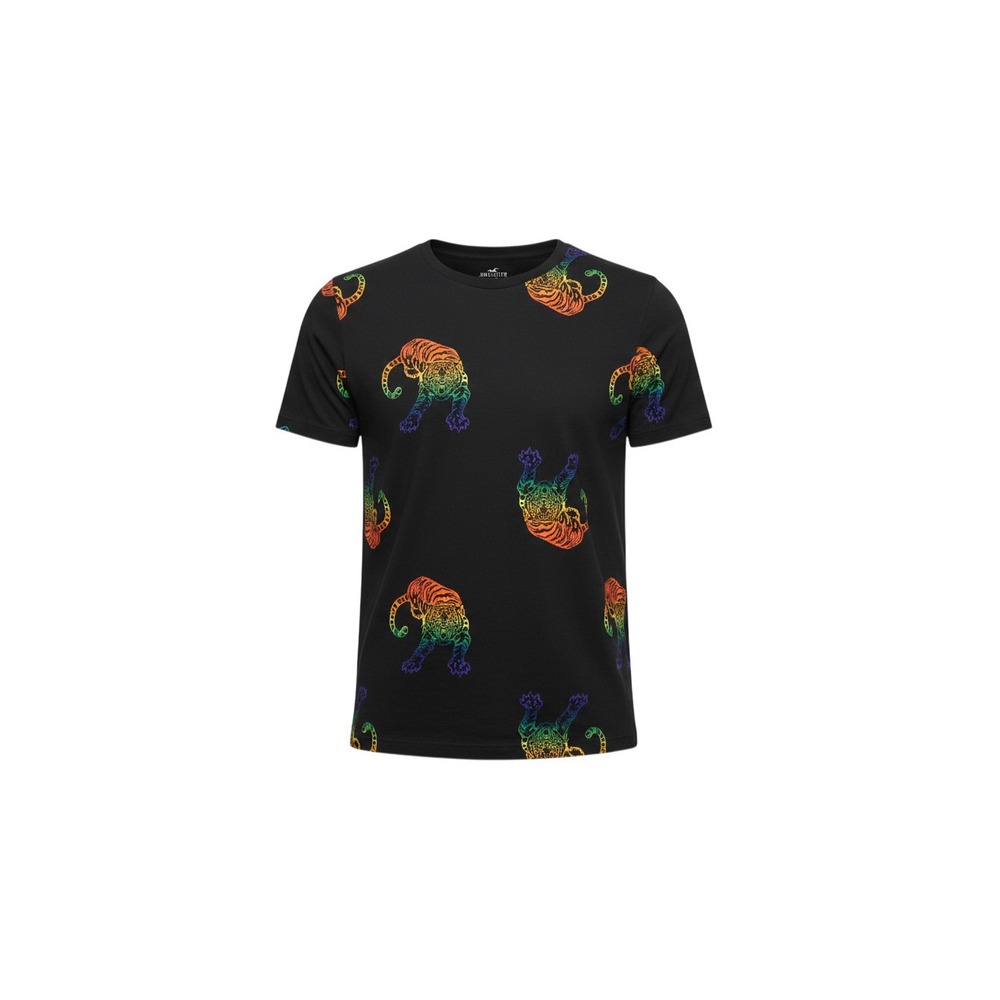 Hollister Curved Hem Tee Mens Small Black Rainbow Tiger All Over Print Shirt